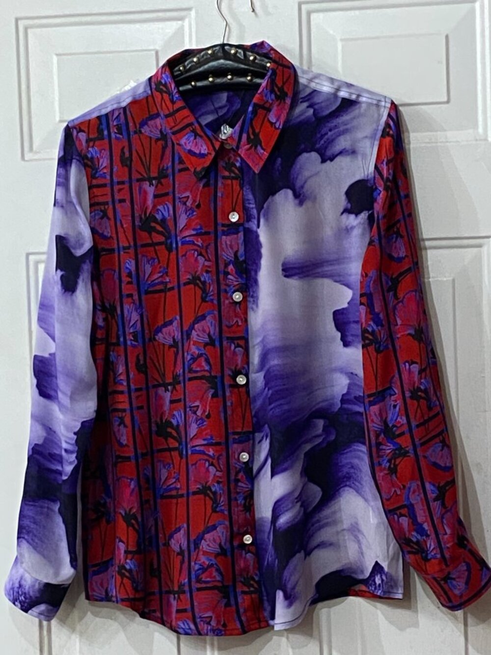 NEW APNY Blouse Sz S Button Up Shirt Roll  Long Sleeve Multi Abstract & Floral